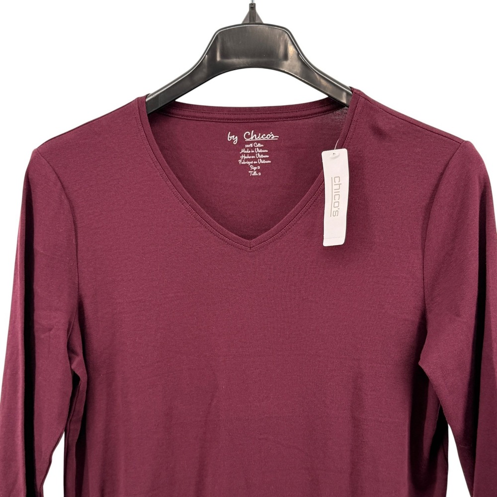 NEW Chico's Paige V Top Women 2/Large Basic Royal Bordeaux 3/4 Sleeve Cotton - Picture 3 of 9